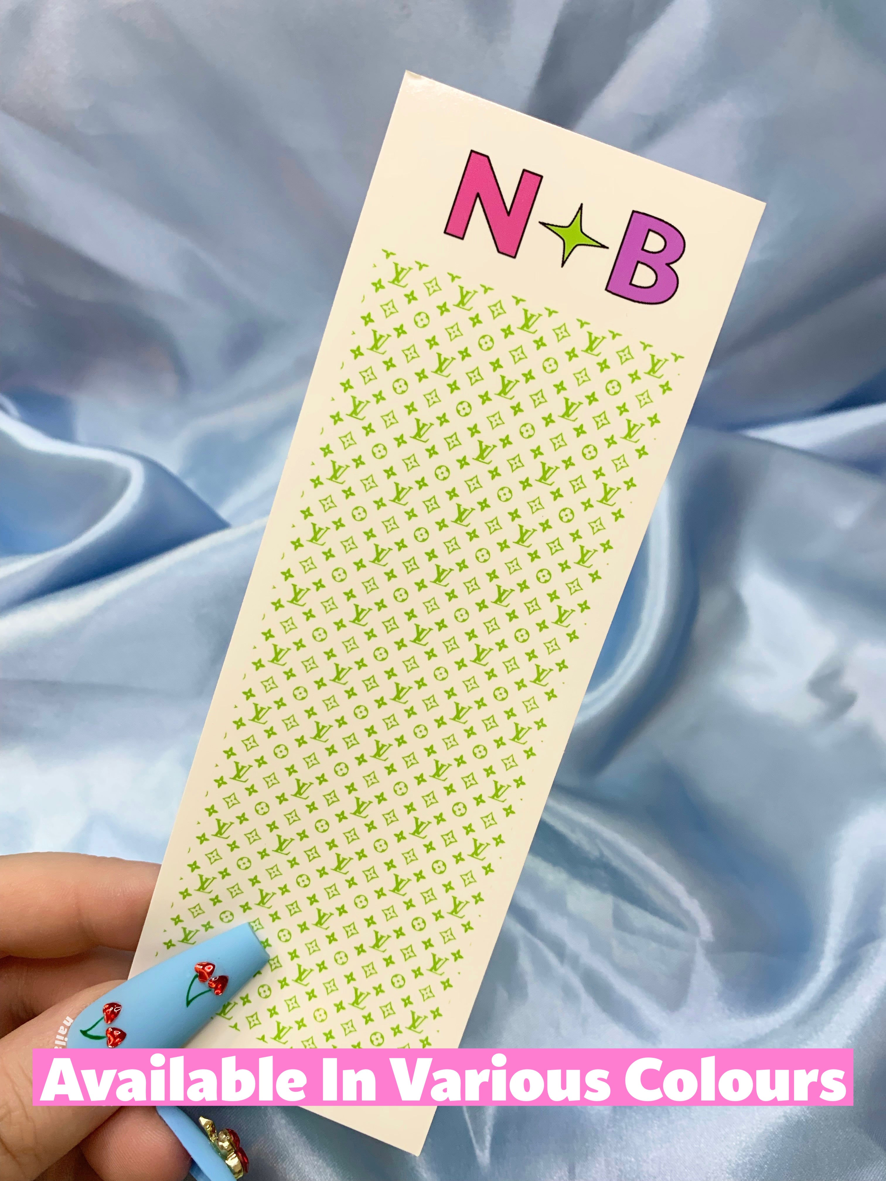 Elevate your nail game with our Bright Louis Vuitton Nail Decals, available in 6 enchanting colors: pink, green, purple, yellow, blue, and orange. Perfect for nail techs, these chic decals effortlessly add a touch of luxury to your nail art. Transform your nails into captivating canvases and let your creativity shine. Get ready to dazzle with Louis Vuitton style!